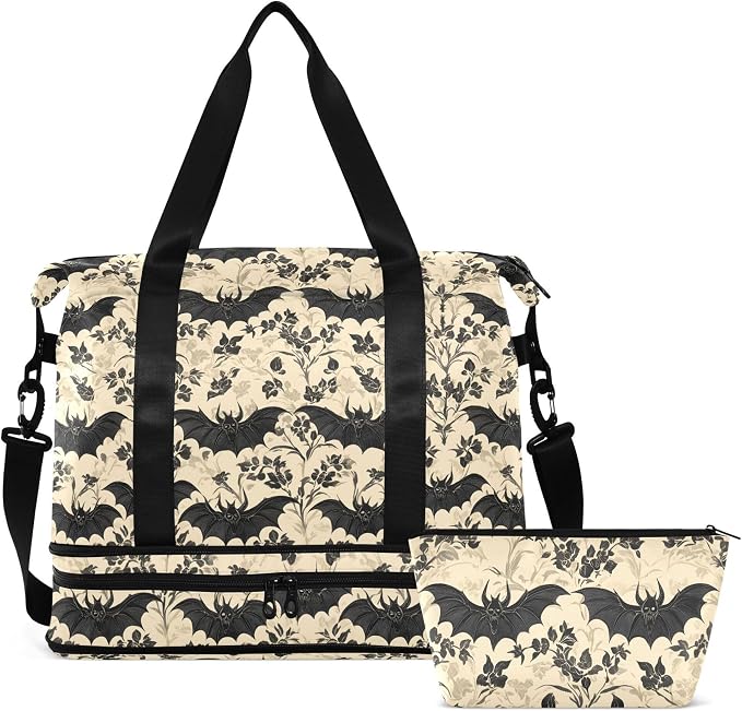 Travel Duffel Tote Bag Bats and Flowers Vintage Sports Duffel Bag with Wet Pocket Weekender Overnight Bag for Women Men Gym Bag, Carry On Bag Hospital Bag for Labor and Delivery by MNSRUU