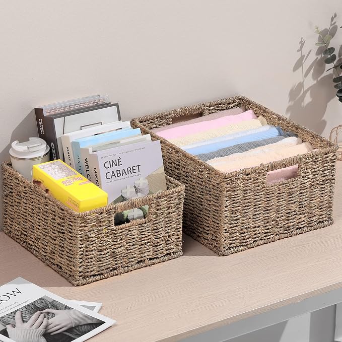 HOONEX Large Wicker Baskets for Storage, Seagrass Baskets with Dual Handles, Woven Set of 2, Natural - Image 2