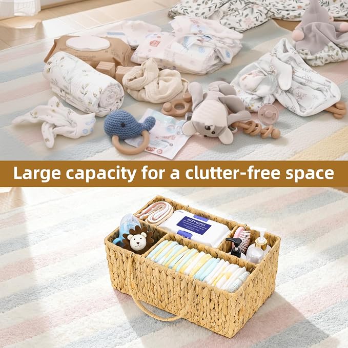 Large Baby Diaper Caddy Organizer, Handwoven Water Hyacinth Storage Basket, Portable Wicker Car Diaper Storage Bin for Nursery and Travel - Image 5