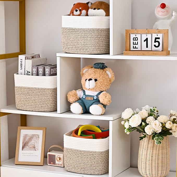 3 Pack Cube Storage Bin, 9”x9”x7” Cotton Rope Woven Baskets for Organizing Toys Clothes Towels, Square Gift Storage Baskets for Shelves, Nursery, Closet, Bathroom, Pantry (White & Jute) - Image 3