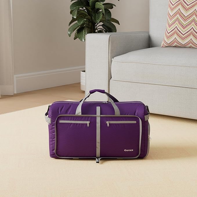 Gonex 60L Foldable Travel Duffle Bag with Shoe Compartment, Lightweight | 210D Nylon, Water-Repellent, Folds Compact, Multiple Pockets, Luggage Sleeve, Weekend Trips & Camping, Purple - Image 2