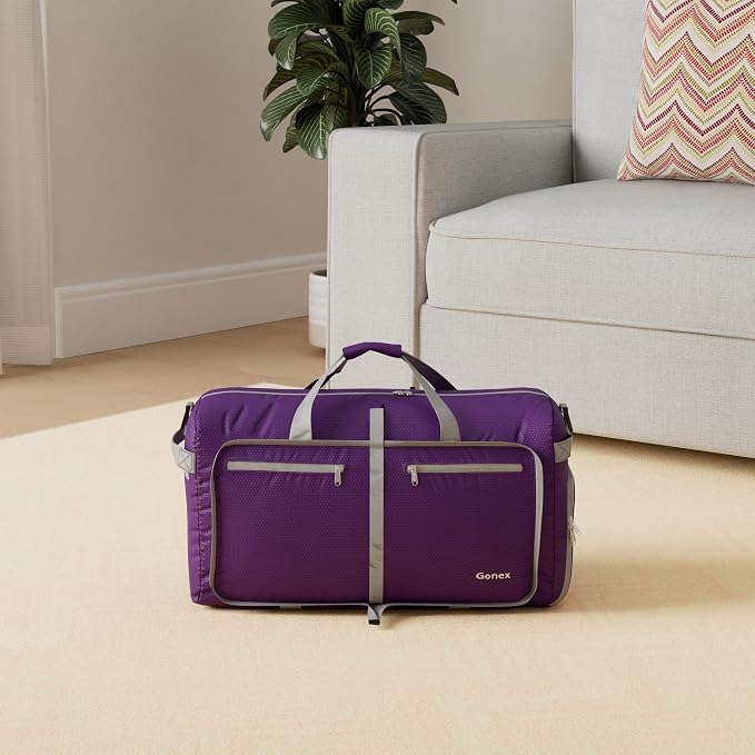 Gonex Foldable Travel Duffle Bag, Lightweight with Shoe Compartment | 210D Nylon, Water-Repellent, Folds Compact, Multiple Pockets, Luggage Sleeve, Travel & Weekend Use, 40L, Purple - Image 2