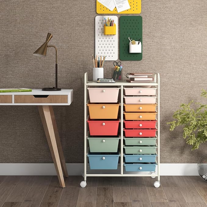 15 Drawer Rolling Storage Cart, Rolling Cart with Drawers for Classroom, Art Supply Craft Organizer on Wheel with Metal Frame & Handles for Home Office School - Image 8