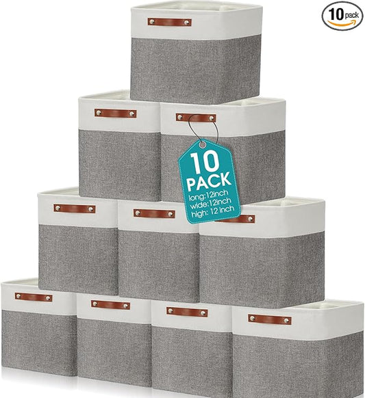 Uiifan 10 Pcs Collapsible Storage Bins Fabric Foldable Storage Basket with Handles Cloth Organizer Linen Shelf Baskets for Shelves Home Closet Nursery Toys(12 x 12 x 12 Inch,Gray and White) by Uiifan