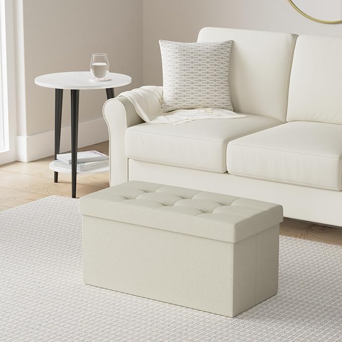 SONGMICS MAZIE Collection - 30 Inches Folding Storage Ottoman Bench, Ottoman Foot Rest, End of Bed Bench, Storage Chest, Load 660 lb, for Living Room, Bedroom, Entryway, Cream White ULSF47BE - Image 2
