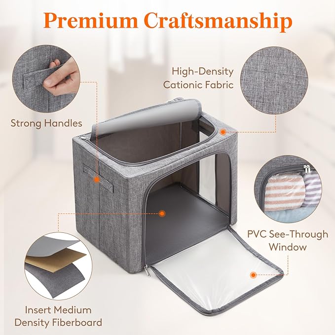 Lifewit Clothes Storage Bins with Metal Frame, Stackable Storage Box, Foldable Clothing Storage Bins with Lids, 40L Storage Bags Fabric Box Organizer with Clear Window＆ Zippers＆ Sturdy Handles 6 Pack - Image 3