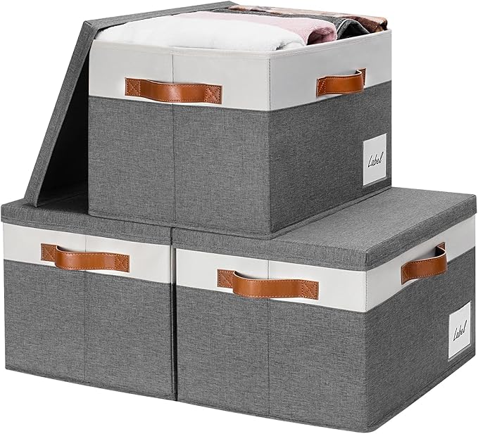 GhvyenntteS Extra Large Storage Bins with Lids, Foldable Fabric Storage Boxes with Lids and Handles, Storage Baskets with Lid and Label for Home Office (3 Pack, Grey, 15.75" x 11.8" x 10.2") by GhvyenntteS