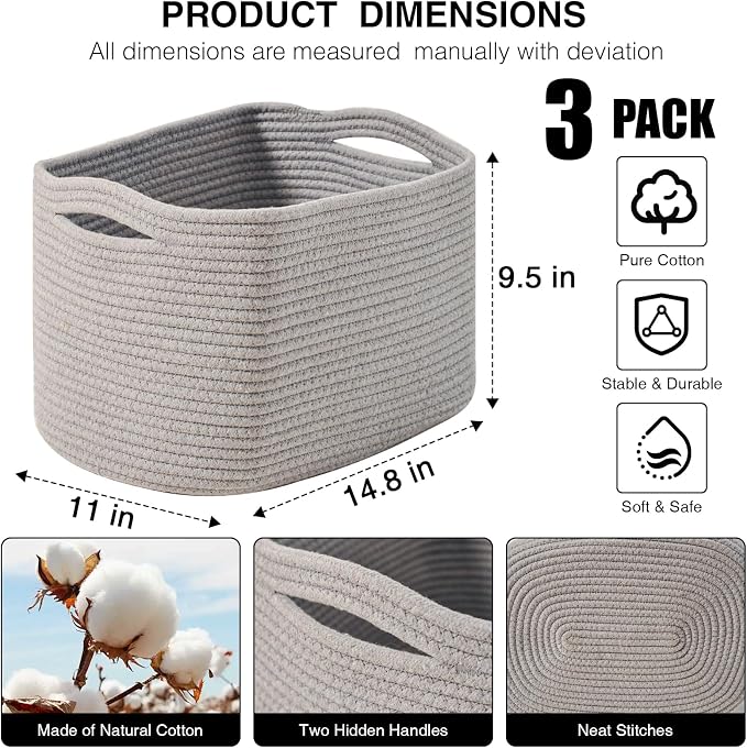 Grey Storage Baskets for Organizing Shelves, Woven Cotton Rope Basket for Storage, Gray Baskets for Toys, Cute Shelf Basket for Living Room Bedroom, 14.8"×11"×9.5", Pack of 3, Grey - Image 2