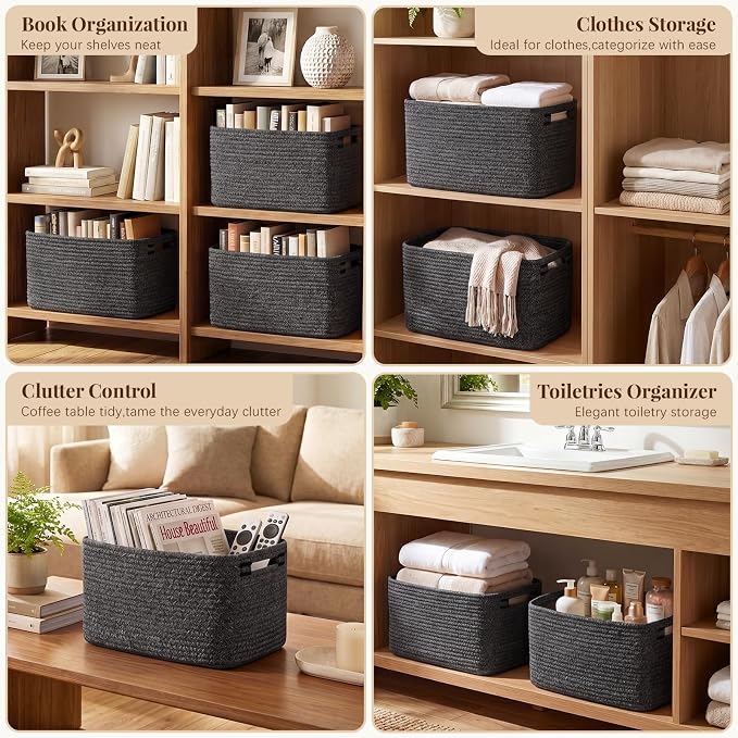 OIASKET 4Packs Natural Cotton Rope Storage Baskets for Organizing Toys, Clothes, Towels & Books, Soft Versatile Organizers for Shelves, Home Decorative Bins, 13''Lx9''Wx7.8''H, Black and White - Image 5