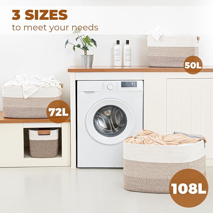 108L Large Blanket Basket for Living Room, Woven Storage Basket with Leather Handles, Cotton Rope Storage Organization in Nursery for Toys & Clothes 25 ''* 16 ''*16 '', Gradient Brown - Image 8