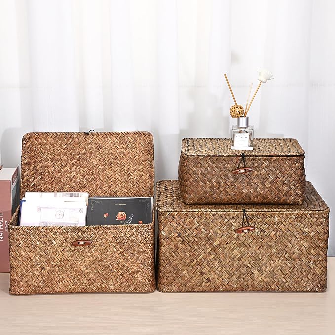 Hipiwe Set of 3 Seagrass Storage Baskets with Lid - Large Woven Wicker Bins | Rectangular Storage Basket Box Home Decor Household Organizer Boxes Shelf Wardrobe Organizer, Coffee - Image 2