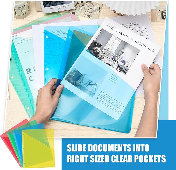 Seajan 48 Pcs Binder Pocket Folders, Clear 3 Ring Binder, Multicolored | Plastic Folders Sleeves with 2 Pockets, Poly Slash File Jackets, 3 Hole Punched Dividers for School, Office, Documents - Image 4