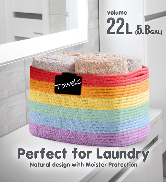 CHAT BLANC Cotton Rope Baskets for Organizing, Shelves, Toys, Storage, Shoe, Bathroom, Laundry, Towel, Nursery, Home Decor, Blanket, Cloth Woven Bins Fabric (Rainbow, 15"x10"x9") - Image 5