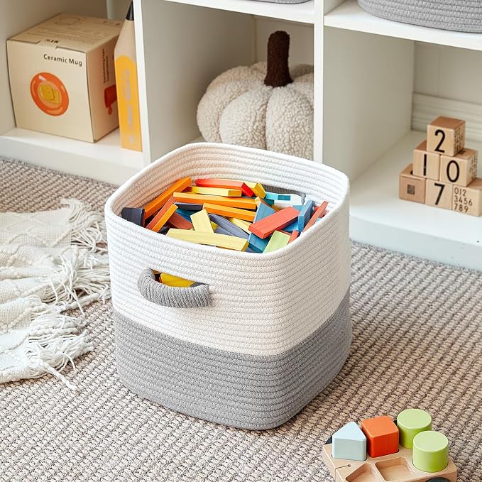 R RUNKA Storage Cube Baskets for Organizing- 3 Pack- 11 inch Square Baskets for Cube Storage, Closet Storage Bins- Woven Cube Storage Bins for Shelves- Ideal for Toy Storage |White & Grey - Image 4