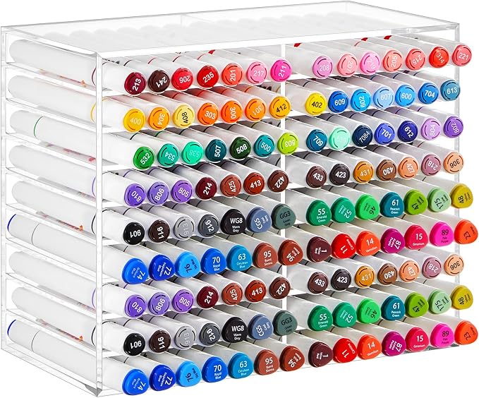 MotiMind Acrylic Marker Organizer for 126 Marker, Large Art Pencil Holder Storage Rack for Desk, Pens Art Brushes Display Stand with 18 Compartments for Desktop, Office (clear, 126 Capacity) by MotiMind