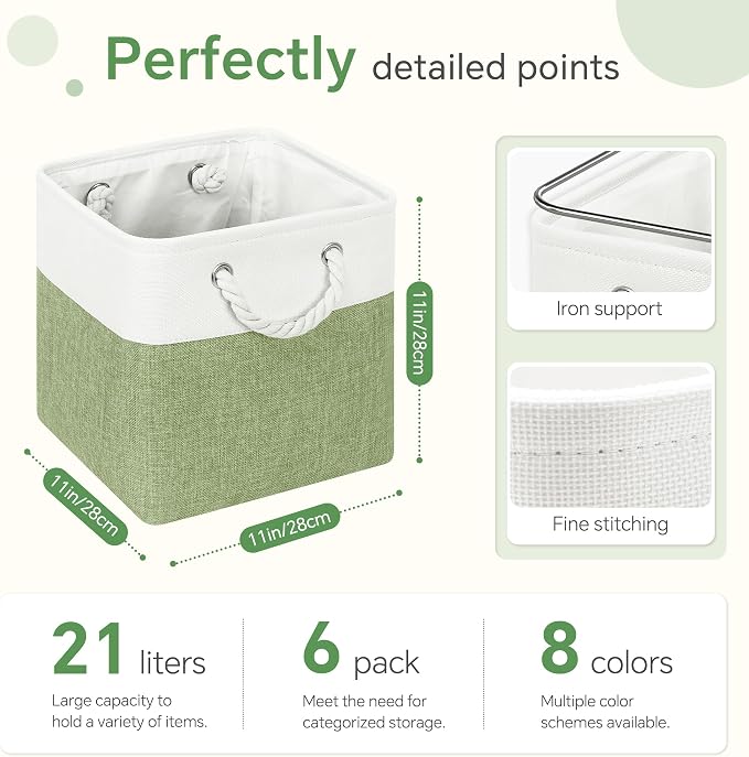 FinishingBo 11 inch Cube Storage Bin with Handles 6 Pack | Foldable Basket, Fabric Storage Bins, Closet Storage, Home Organizer (White/ Green) - Image 4