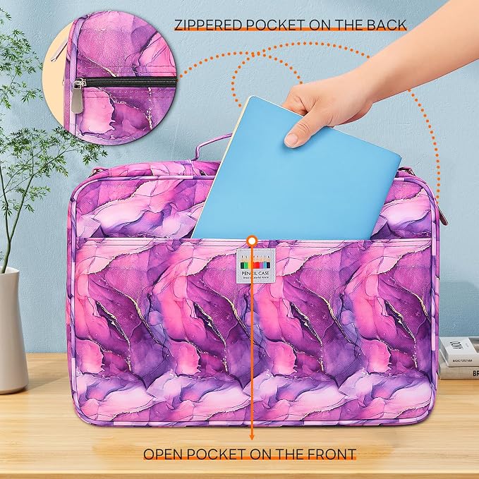 JAKAGO 480 Slots Colored Pencil Case Extra Large Capacity Pen Holder for Artist Painter Zipper Organizer Bag for Marker Highlighter Storage Case for Office Sketch Travel Supplies (Marble Purple) - Image 4