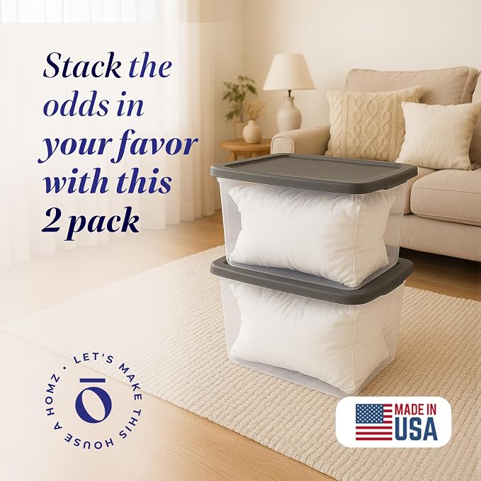 HOMZ 2-Pack Snaplock, Large Clear Plastic Storage Organizer Bins w/Lids, 56 Quart, Gray - Stackable Container Boxes for Bedroom, Bathroom, Garage, and Office Organization - Image 2