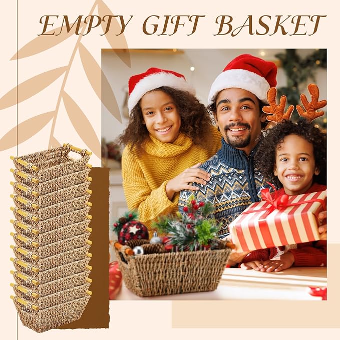 Marsui 12 Pcs Small Hand Woven Wicker Baskets with Wooden Handles, Seagrass Rattan Storage Baskets Bin Organizer Shelf Pantry for Bathroom Storage Towel Kitchen Washroom Gifts Decor, 9" x 6" x 4" - Image 6
