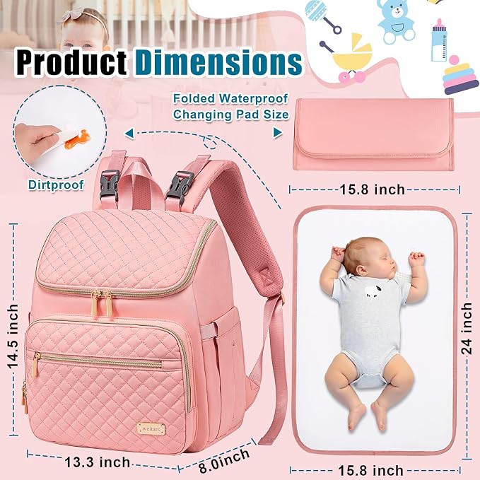 Diaper Bag Backpack Large Baby Diaper Bag with Changing Pad Travel Diaper Backpack,Baby Bag for Boys Girls,Stroller Straps,5 Insulated Pockets (Pink) - Image 2