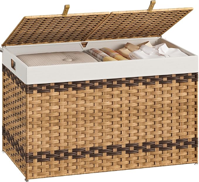 HOOBRO Storage Basket with Lid, 42.3 Gallon (160L) Wicker Storage Basket with 2 Separate Lid, Blanket Storage Bin with 2 Removable Liner Bags, for Bedroom, Laundry, Natural and Brown NL276CW01 - Image 9