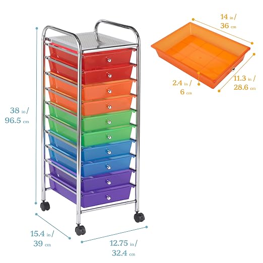 ECR4Kids 10-Drawer Everyday Mobile Storage Utility Cart, Assorted | Durable plastic bins, steel frame, GREENGUARD Gold Certified, 50 lb capacity, rolling casters, craft supplies, office, home - Image 3