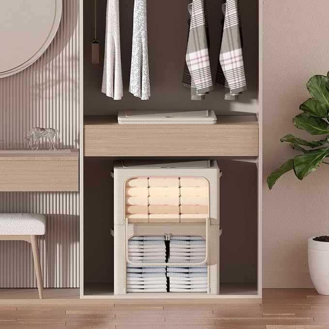 3Pack Frame Storage Box - Clothes Storage Bin Bags Oxford Fabric Foldable Stackable Container Organizer Set with Clear Window & Carry Handles Large Capacity (Beige, Small-22L) - Image 3