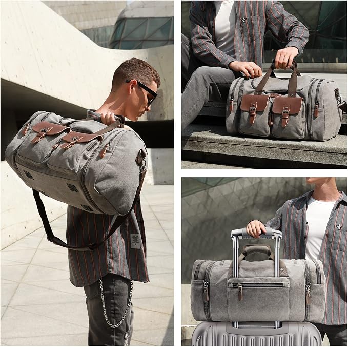 Wildroad Canvas Duffle Bag - 60L Expandable Weekender Overnight Travel Bag | Gifts for Men, Holiday Birthday Gift for Dad, Husband & Partner, Carry-on Size - Image 3