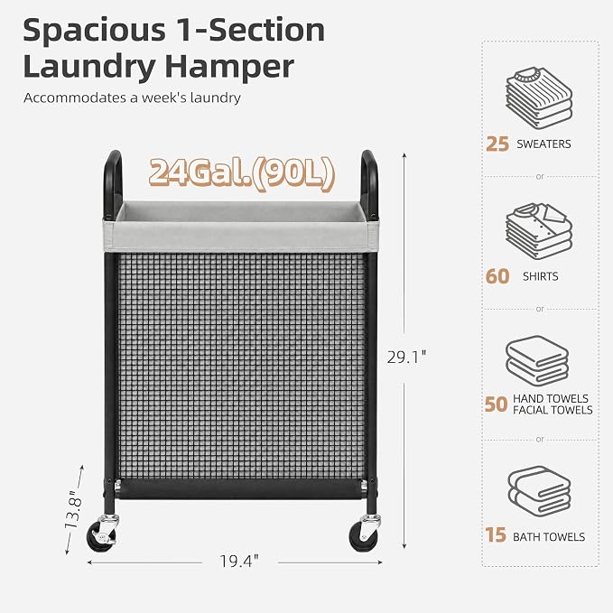 STORAGE MANIAC Rolling Laundry Hamper with Wheels 1-Section Laundry Sorter Rolling Laundrys Basket on Wheels with Removable Bag Clothes Hamper Laundrys Organizer Cart Bathroom Bedroom 90L Grey - Image 3