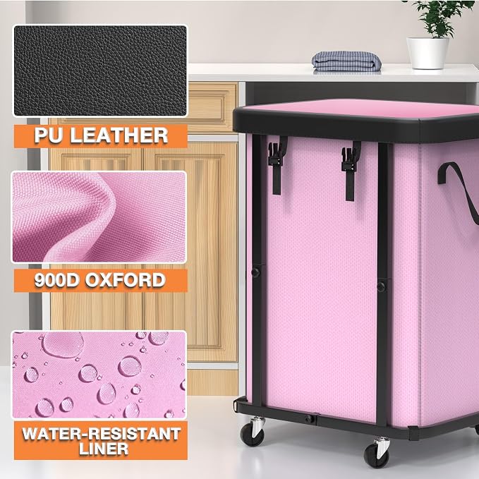 Laundry Basket with Wheels,150L (40 Gal) Rolling Hamper Carts - Pink | Leather Patchwork Laundry Hamper,Sturdy Metal Frame, Removable Washable Bag, Tall Clothes Sorter for Bedroom, Laundry Room - Image 3