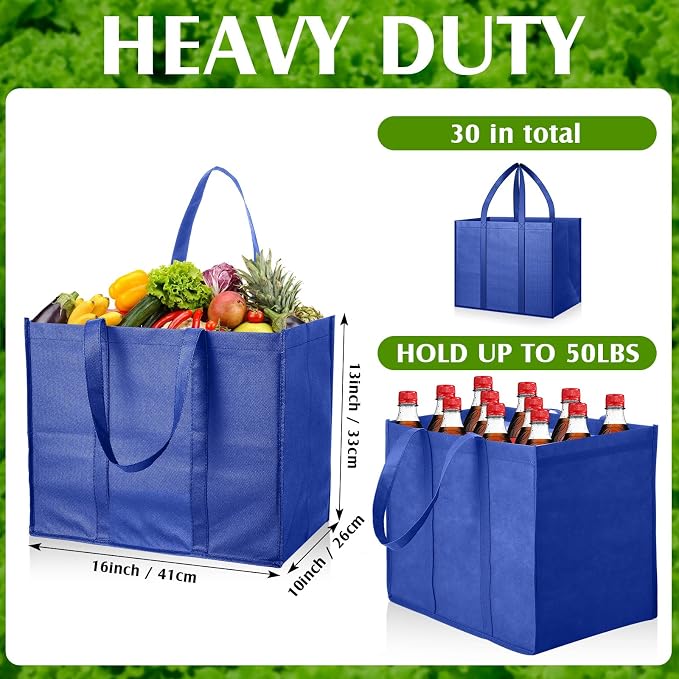 Hillban 30 Pack Large Reusable Shopping Bags Bulk | Heavy Duty Foldable Grocery Bags 16 x 13 x 10 Inch, Washable Portable Storage Totes with Reinforced Handles - Image 4