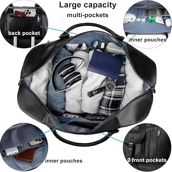 weiatas Faux Leather Travel Duffel Bag for Women Men, Large Weekender Overnight Bag with Shoes Compartment, Waterproof Carry On Bag Travel Tote Bag Gym Bag with Luggage Strap (Black) - Image 2