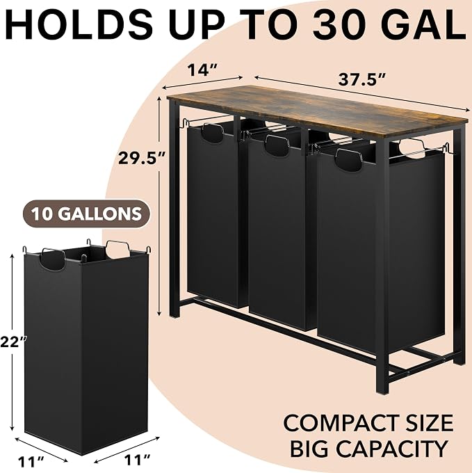 Simple Houseware 3-Section Laundry Sorter w/Tabletop Shelf, Rustic Brown | 3 Pull-Out,10-Gallon Hampers, Metal Frame Laundry Organizer for Bedroom, Bathroom, - Image 3