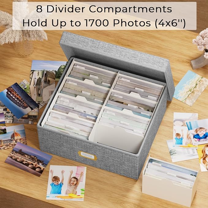 Decorative Photo Storage Box, Linen Photo Box Holds 1700 4x6 Pictures Grey | Photo Storage Containers with 8 Dividers, Memory Keepsake Organizer for Photos, Scrapbook Supplies, Cards, Stamps,Archive Box - Image 2