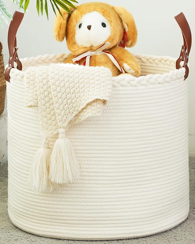 KAKAMAY Large Blanket Basket (18"x16"),Woven Baby Laundry Hamper,Cotton Rope Blanket Basket for Nursery, Laundry, Living Room, Pillows, Baby Toy chest with Leather Handles (White) by KAKAMAY