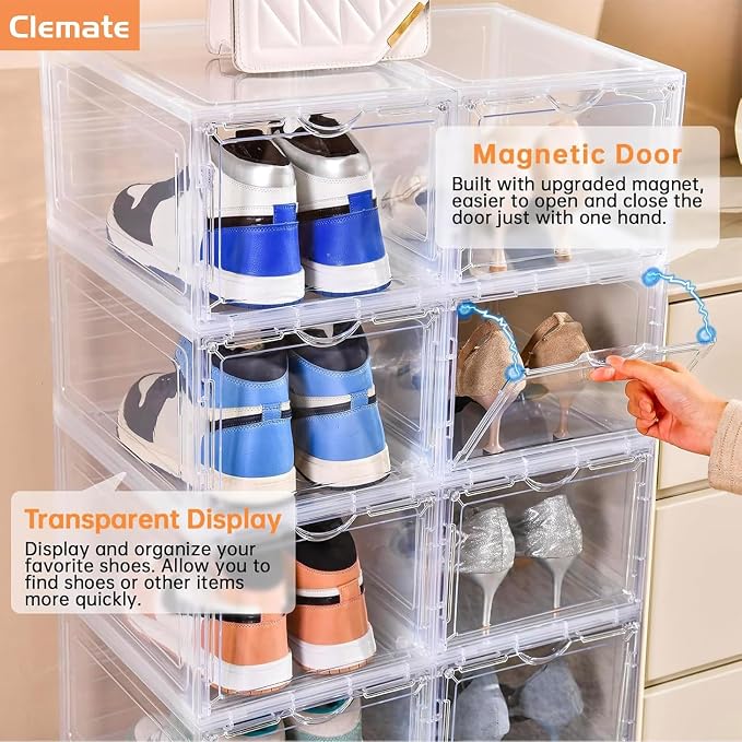 Clemate Upgraded X-Large Shoe Organizer,Shoe Storage Organizer,12 Pack,Shoe Box Clear Plastic Stackable,Drop Front Shoe Box with Clear Door, Shoe Containers For Sneaker Display,Fit up to US Size12 - Image 5