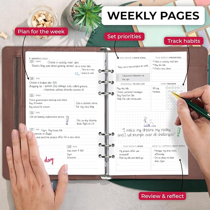 Clever Fox Weekly Planner Binder, Undated Daily A5 Eco Leather Terracotta | 7 x 10 in with A5 pages, mini 3 ring portfolio organizer, work time manager, day runner, agenda book with monthly calendars - Image 3