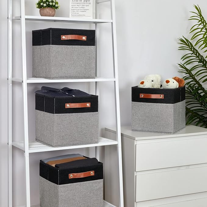 Temary 11 x 11 Cube Storage Bins Fabric Storage Cubes for Shelf, Closet, 4 Pack Cube Basket for Clothes, Storage Cube Bins with Leather Handles(Black&Grey) - Image 6