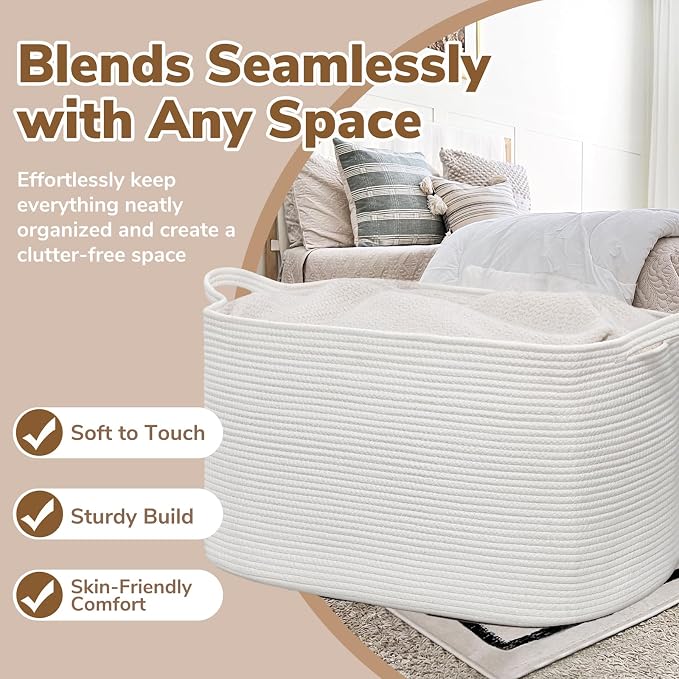 Goodpick 105L Extra Large Woven Rope Blanket Basket, Rectangle, White | 25'' x 16'' x 16'' Storage Basket for Blankets & Clothes, Living Room, Bedroom & Nursery Organization, Reinforced Handles - Image 5