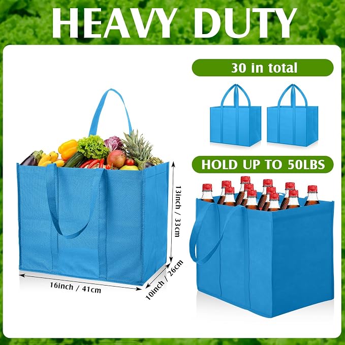 Hillban 30 Pack Large Reusable Shopping Bags Bulk | Heavy Duty Foldable Grocery Bags 16 x 13 x 10 Inch, Washable Portable Storage Totes with Reinforced Handles - Image 3