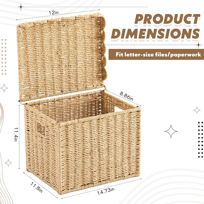 Jingmore File Organizer Box with Scalloped Lid, Paper Rope, Brown | Portable Storage Box Collapsible Letter Hanging Filing Organizer Basket for Office/home, Woven Wicker Decorative Document Box - Image 2