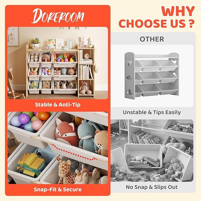DOREROOM Toy Storage Organizer with Bookshelf, Kids Toy Storage and Organizers with 3 Shelves/9 Bins/3 Hooks, Bin Shelf, Toy Organization for Playroom, Nursery, Bedroom, Toddler Room | Wood & White - Image 5