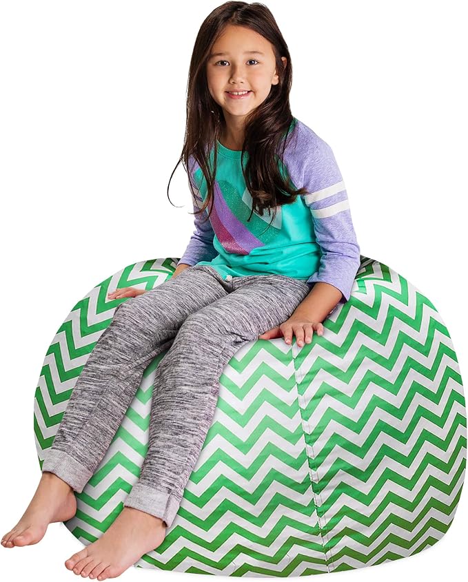 Posh Stuffable Kids Stuffed Animal Storage Bean Bag Chair Cover - Childrens Toy Organizer, Large 38" - Pattern Chevron Green and White - Image 4