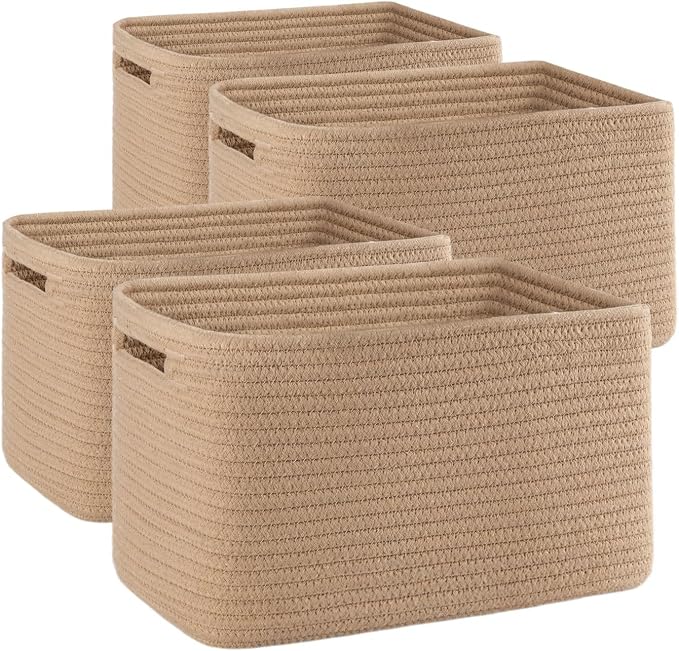 OIAHOMY 4 Pack Storage Baskets for Organizing 15L Cube Storage Bins Yellow | Woven Baskets for Storage Rectangle Small Baskets With Handles Baskets for Shelves Wicker Baskets for Shelves 12.7x9x7.8inch by MasterofSpaceOptimization