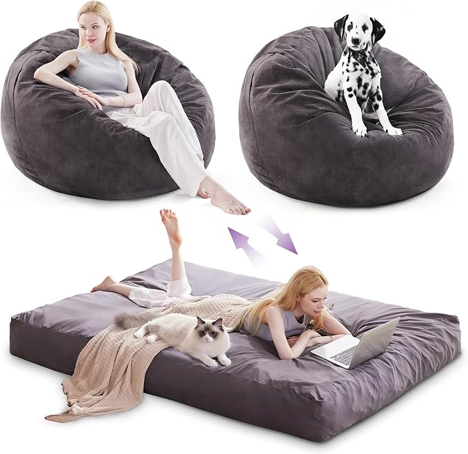 Giant Bean Bag Chair Bed for Adults, Convertible Beanbag Chairs to Floor Mattress, Large Bean Bag Lazy Chair with High-Density Foam Filling, Bean Bag Couch Sofa Bed Machine Washable, Dark Grey by AYEASY