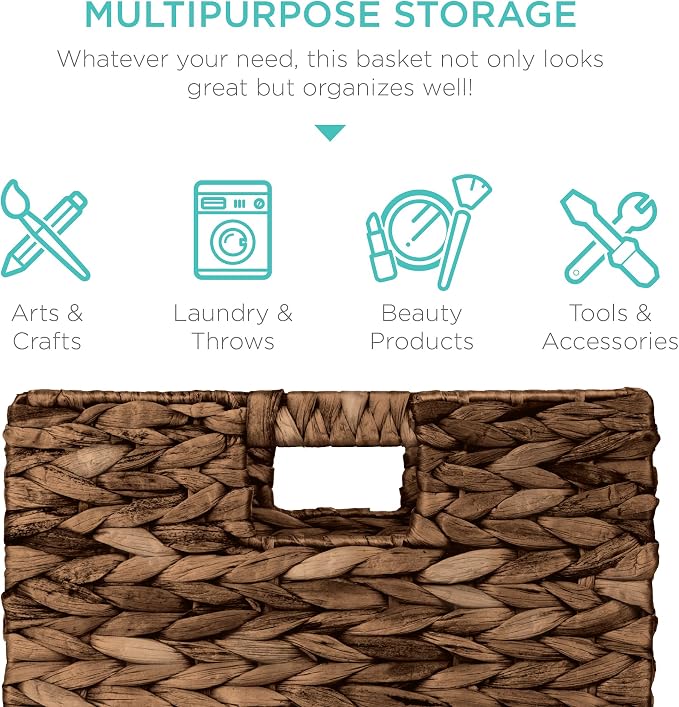 Best Choice Products 13x13in Pack of 5 Cube Storage Baskets, Water Hyacinth Multipurpose Collapsible Organizers, Handwoven Laundry Totes for Laundry, Living Room, Kids Room & Nursery - Brown - Image 5