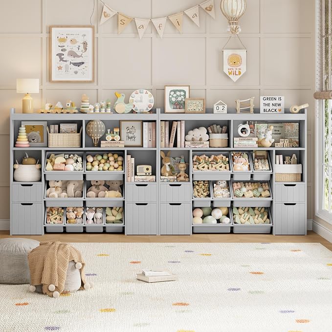 HORSTORS 55" W Toy Storage Organizer, Large Kids Bookshelf, Toy Box, Grey | 8 Plastic Storage Bins / 2 Removable Toy Storage Boxes / Open Shelves, Kids Bookcase with Drawers for Playroom, Kids Room - Image 4