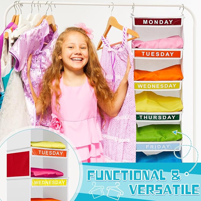 2 Pcs 7 Shelf Weekly Clothes Organizer for Kids Hanging Closet Organizer 11. 8 x 11. 8 x 50 Inches Daily Activity Kids Clothes Storage Drawers Cube Drawers Closet Hanging Shelves(White) - Image 4