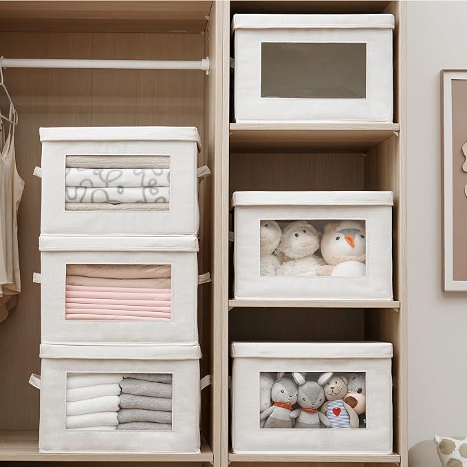 4-Pack Large Storage Bins with Lids & Clear Window, Foldable Fabric Closet Organizer Boxes, Stackable Cube Baskets with Soft Handles for Clothes & Blankets, 17”, Beige - Image 5