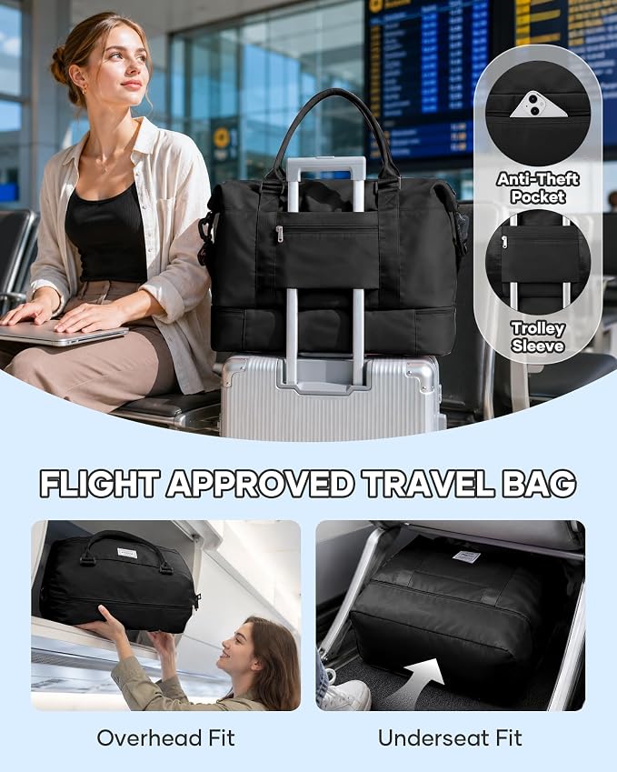 Travel Duffel Weekender Bag Women Tote Carry On Bags With Shoe Compartment | 18x14x8 inches Travel Overnight Bags with Trolley Sleeve for Airplanes Waterproof Sport Tote Gym with Toiletry Bag Black - Image 2